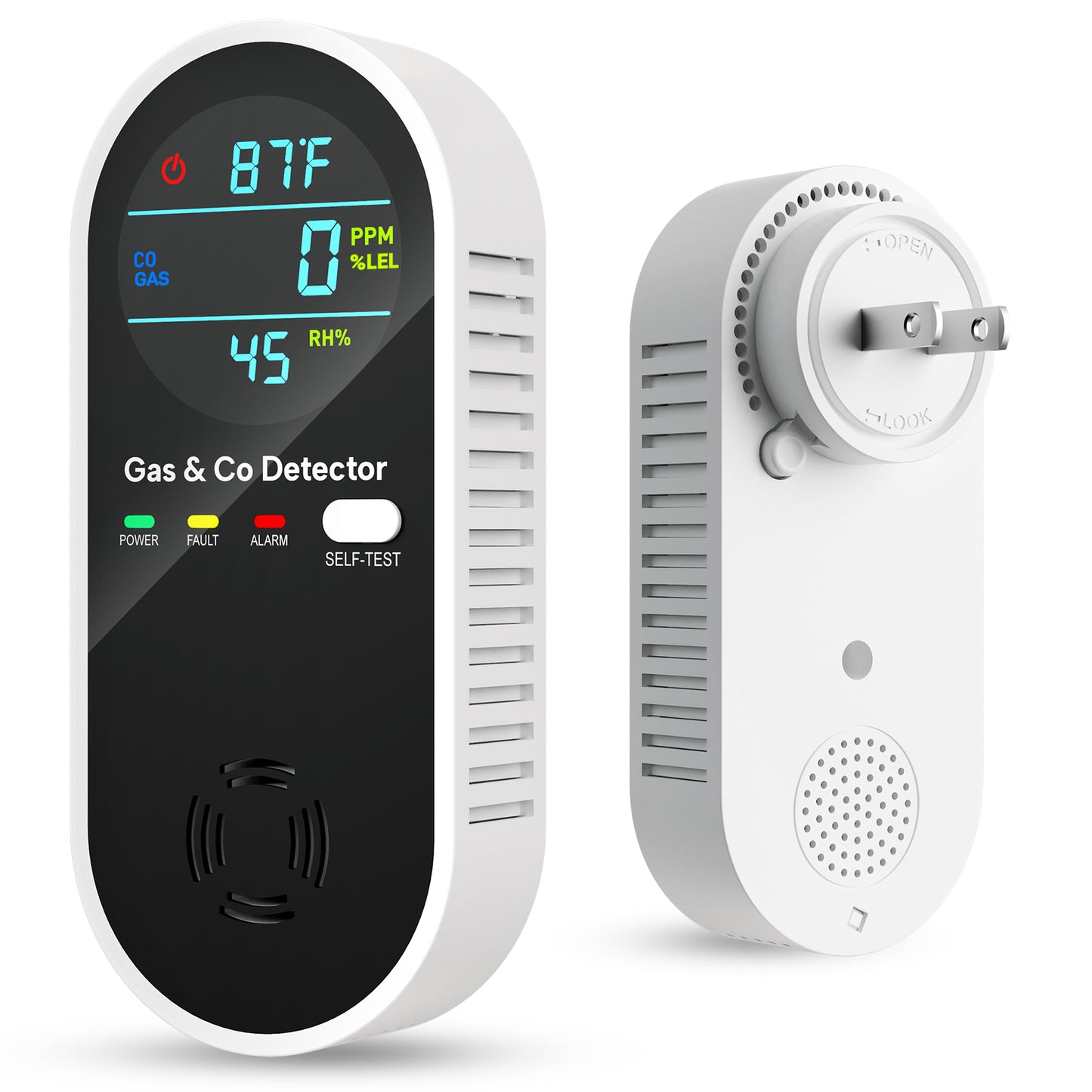 5-in-1 Carbon Monoxide Detector & Natural Gas Leak Alarm,AC-Plug-in CO Alarm & Explosive Gas Detector Battery Backup with Temperature(°F) & Humidity,Three Levels Volume & Brightness for Home,RV,Hotel