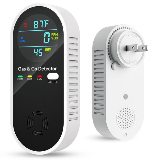 4-in-1 Carbon Monoxide Detector & Natural Gas Leak Alarm,AC-Plug-in CO Alarm & Explosive Gas Detector Battery Backup with Temperature(°F) & Humidity,Three Levels Volume & Brightness for Home,RV,Hotel
