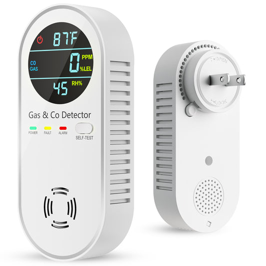 4-in-1 Carbon Monoxide Detector & Natural Gas Leak Alarm,AC-Plug-in CO Alarm & Explosive Gas Detector Battery Backup with Temperature(°F) & Humidity,Three Levels Volume & Brightness for Home,RV,Hotel