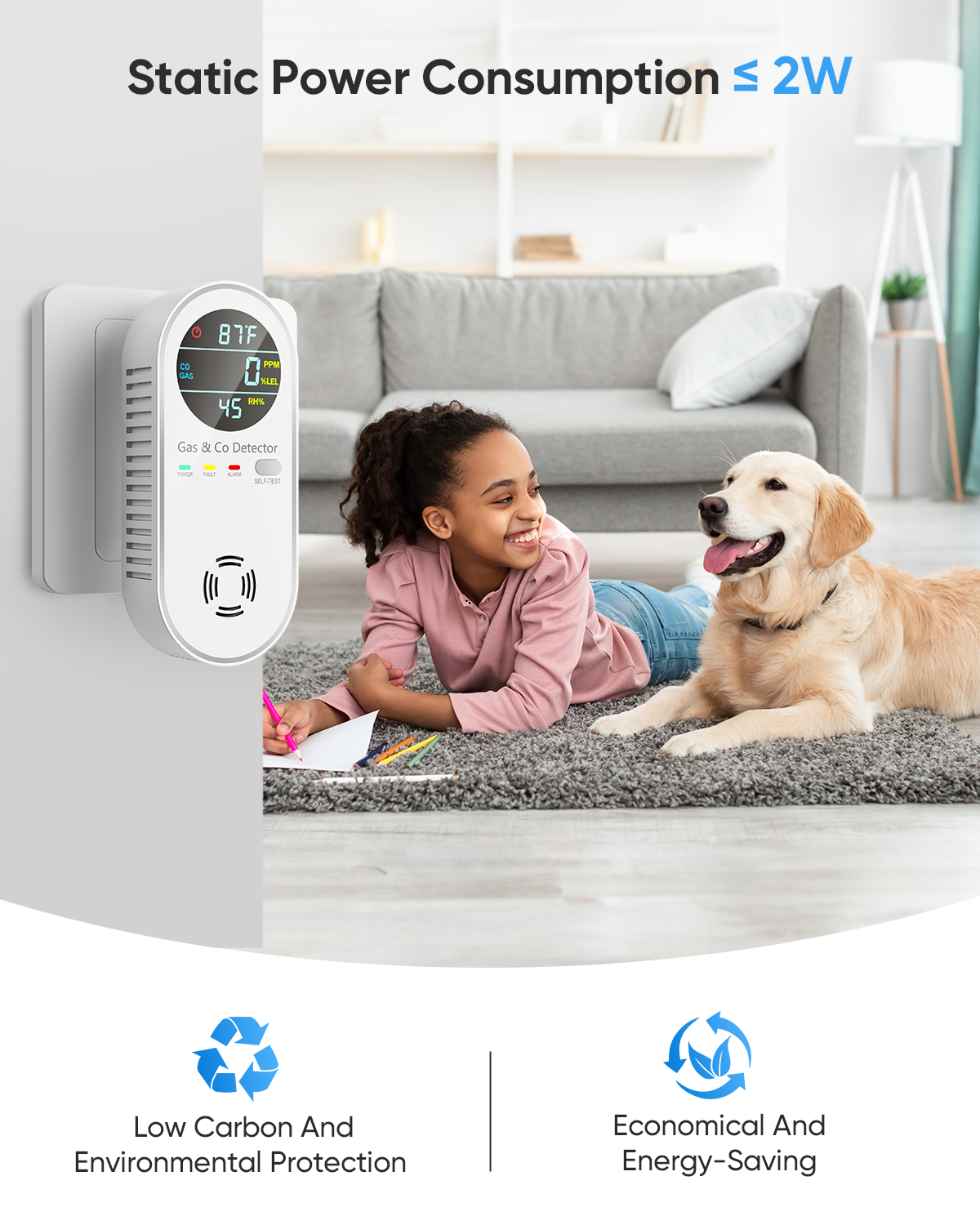 4-in-1 Carbon Monoxide Detector & Natural Gas Leak Alarm,AC-Plug-in CO Alarm & Explosive Gas Detector Battery Backup with Temperature(°F) & Humidity,Three Levels Volume & Brightness for Home,RV,Hotel