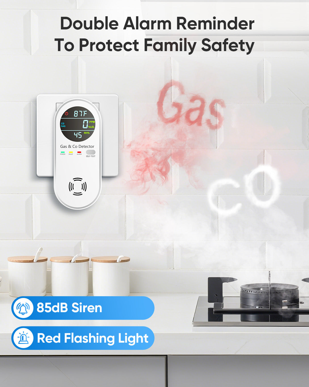 4-in-1 Carbon Monoxide Detector & Natural Gas Leak Alarm,AC-Plug-in CO Alarm & Explosive Gas Detector Battery Backup with Temperature(°F) & Humidity,Three Levels Volume & Brightness for Home,RV,Hotel
