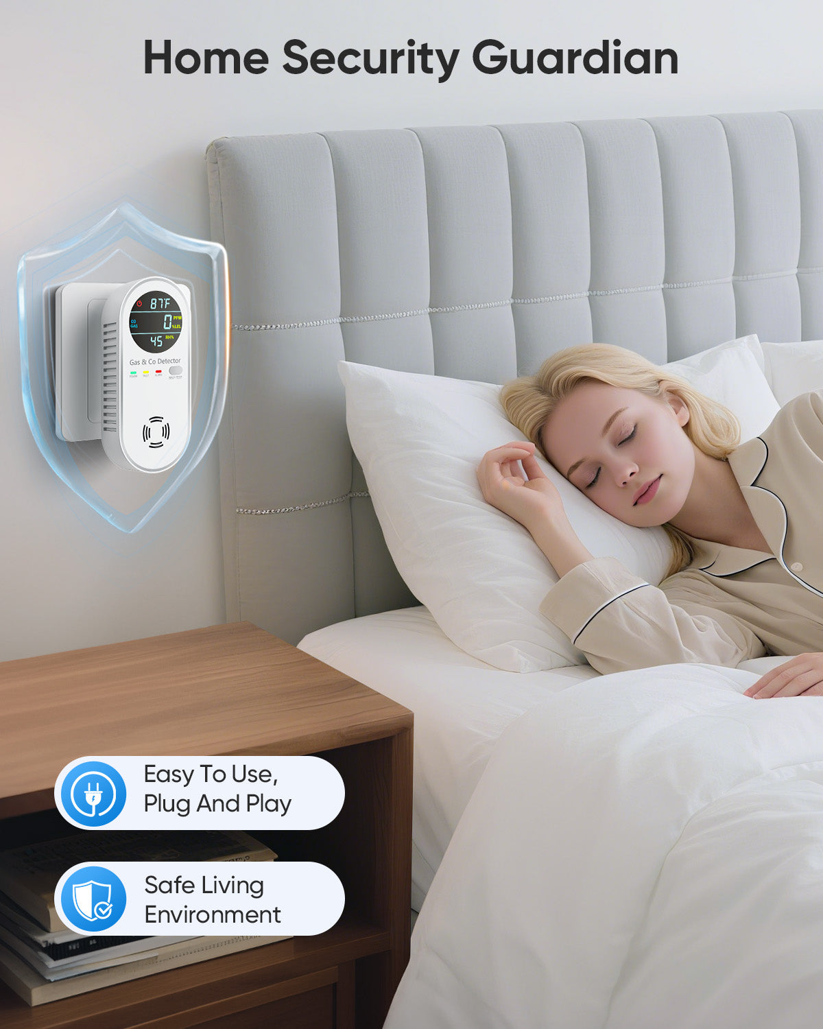 4-in-1 Carbon Monoxide Detector & Natural Gas Leak Alarm,AC-Plug-in CO Alarm & Explosive Gas Detector Battery Backup with Temperature(°F) & Humidity,Three Levels Volume & Brightness for Home,RV,Hotel