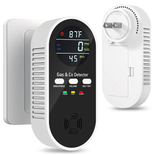 5-in-1 Carbon Monoxide Detector & Natural Gas Leak Alarm,AC-Plug-in CO Alarm & Explosive Gas Detector Battery Backup with Temperature(°F) & Humidity,Three Levels Volume & Brightness for Home,RV,Hotel