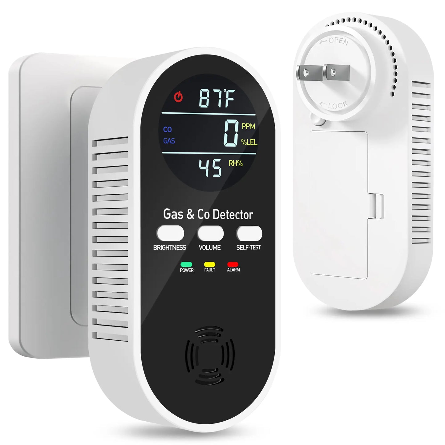 4-in-1 Carbon Monoxide Detector & Natural Gas Leak Alarm,AC-Plug-in CO Alarm & Explosive Gas Detector Battery Backup with Temperature(°F) & Humidity,Three Levels Volume & Brightness for Home,RV,Hotel