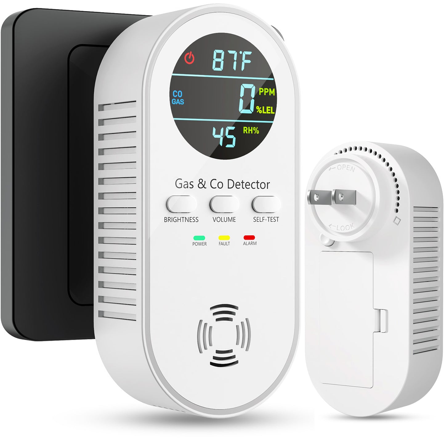 4-in-1 Carbon Monoxide Detector & Natural Gas Leak Alarm,AC-Plug-in CO Alarm & Explosive Gas Detector Battery Backup with Temperature(°F) & Humidity,Three Levels Volume & Brightness for Home,RV,Hotel