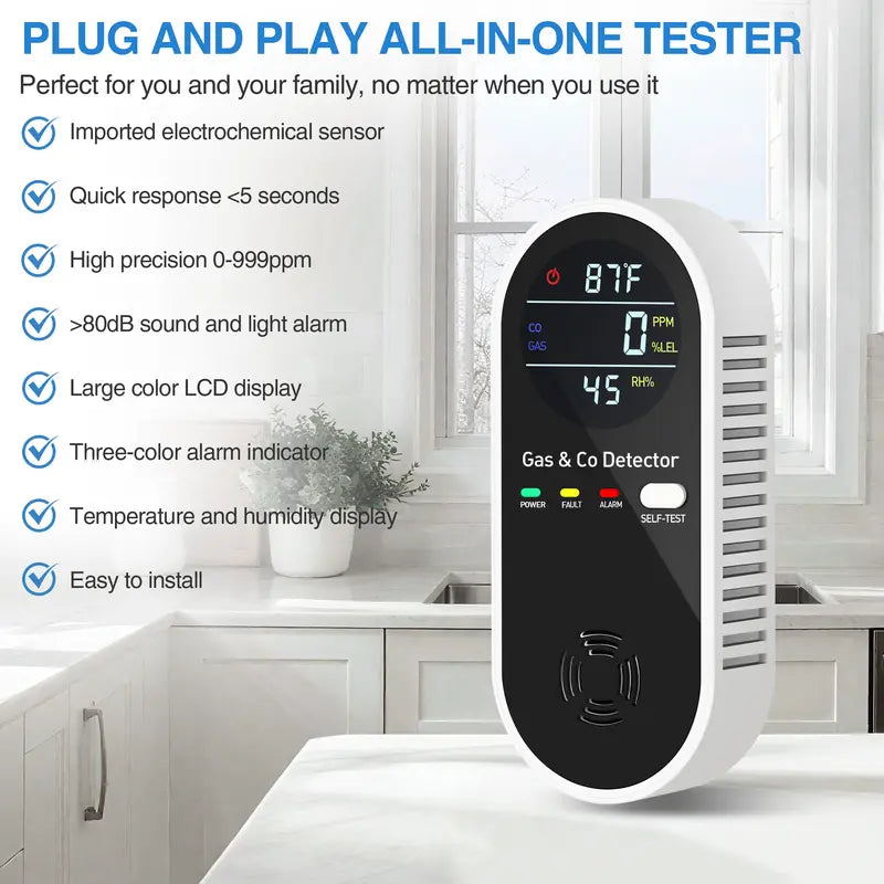 5-in-1 Carbon Monoxide Detector & Natural Gas Leak Alarm,AC-Plug-in CO Alarm & Explosive Gas Detector Battery Backup with Temperature(°F) & Humidity,Three Levels Volume & Brightness for Home,RV,Hotel