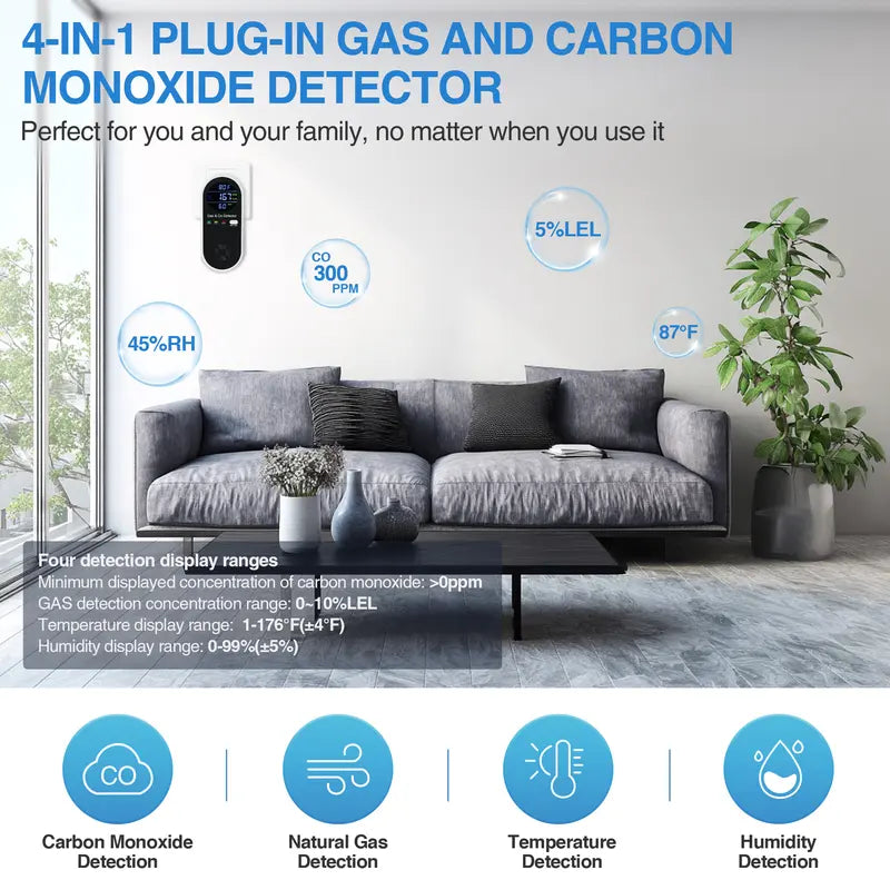5-in-1 Carbon Monoxide Detector & Natural Gas Leak Alarm,AC-Plug-in CO Alarm & Explosive Gas Detector Battery Backup with Temperature(°F) & Humidity,Three Levels Volume & Brightness for Home,RV,Hotel