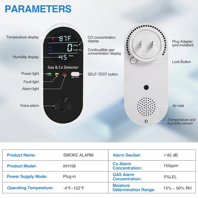 5-in-1 Carbon Monoxide Detector & Natural Gas Leak Alarm,AC-Plug-in CO Alarm & Explosive Gas Detector Battery Backup with Temperature(°F) & Humidity,Three Levels Volume & Brightness for Home,RV,Hotel