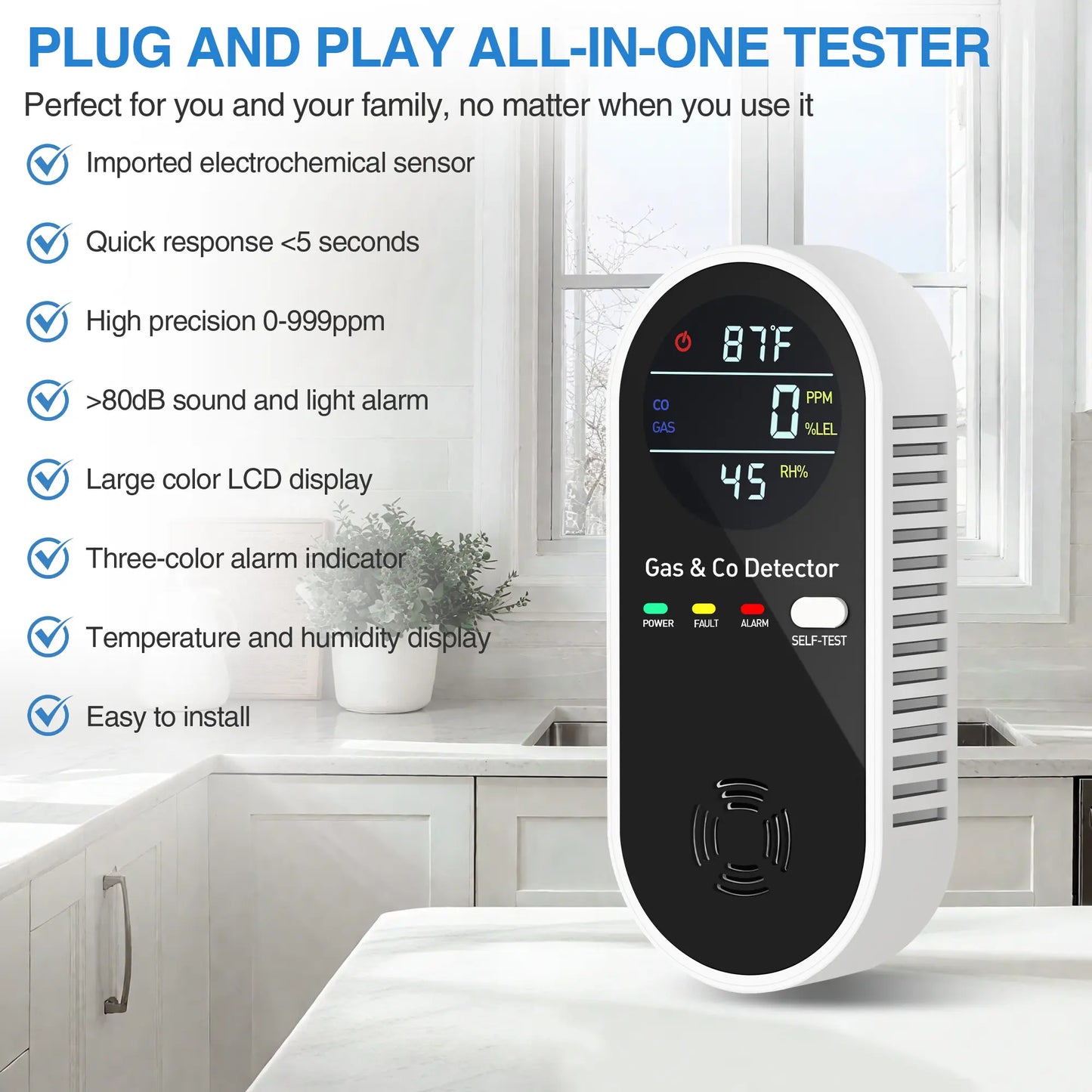 Smart Home Guardian Air & Temp Monitor 5-in-1 Portable Detector with Natural Gas Detection Temperature Humidity Sensors High-Definition Display Accurate Alerts Summervibes